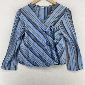 SANGAM IMPORTS Top M Cotton Gauze Striped Wrap Cropped Tie Side Long Sleeve Blue